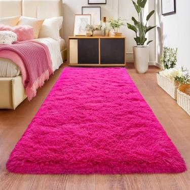 Imagem de Tapete de corrida rosa choque para corredor, tapetes de pelúcia de cabeceira de quarto, tapete felpudo antiderrapante para decoração de casa infantil, berçário de 6 x 1,8 m