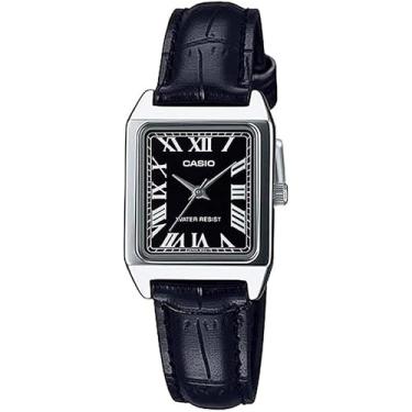 Imagem de Casio LTP-V007L-1B Relógio feminino retangular de couro com mostrador preto romano, Movimento de quartzo