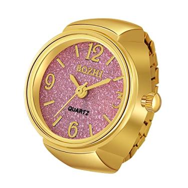 Imagem de JewelryWe Relógio de dedo masculino feminino banhado a ouro banhado a prata anéis de relógio elástico com mostrador redondo com glitter, relógios de quartzo, para o Natal, ouro-rosa, Moderno