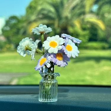 Imagem de ORIESSE Acessórios de flores para carro, margarida artificial com mini vaso de vidro para painel de carro, decoração de mesa de escritório, estética engraçada de decoração de carro e escritório (roxo