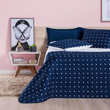 Imagem de Kit Cobre Leito Colcha Meggy Poá Casal Padrão Dupla Face Micropercal 200 Fios 3 Peças - Azul Marinho