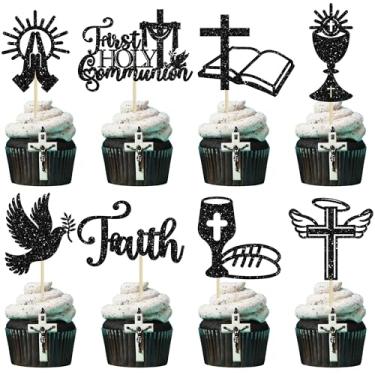 Imagem de Ephlyn 32Pcs First Holy Communion Cupcake Toppers Glitter Dove God Bless Cross Cupcake Picks for First Communion Baby Shower Baptism Theme Party Cake Decorations Black