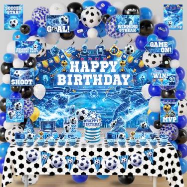 Imagem de FrozzlyFun Decorações Para Festa De Futebol Meninos, 173 Peças Decoração Aniversário Com Bola Azul Crianças - Cenário, Faixa, Toalhas Mesa, Centro Enfeites Pendurados, Adesivos, Placas Parede