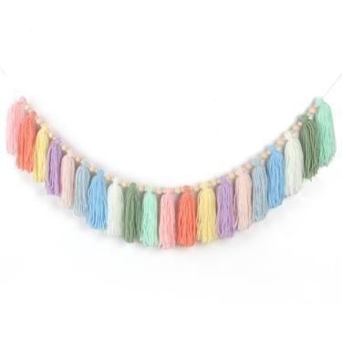 Imagem de GIAUMA Guirlanda De Borlas Lã Boho Com Contas Madeira, Decoração Parede Em Tons Pastel, Faixas Bandeirinhas Para Primavera, Páscoa, Sala Aula, Berçário, Chá Bebê, Festa Aniversário, Quarto Infantil,