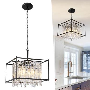 Imagem de Miuyhji Lustres Pretos Para Sala De Jantar, Lustre Industrial Quadrado Com Pingente Cristal, Ilha Cozinha, Estar, Teto Plano E Inclinado, C16 X L16 A17,5