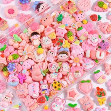 Imagem de 100 peças de pingentes de geleca rosa sortidos, acessórios Kawaii, enfeite de resina plana de urso de coração doce para capas de telefone lixo, artesanato de scrapbooking e decoração DIY