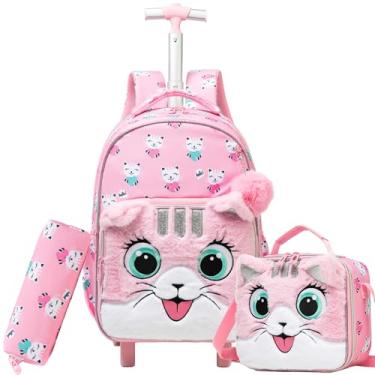 Imagem de ZBAOGTW Mochila com rodas para meninas, mochila com rodinhas para escola, mochilas com rodinhas para meninas com lancheira, Z - gato rosa, 16.5*11.8*7.8 inches