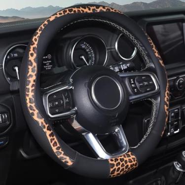 Imagem de Capa de volante leopardo, couro de microfibra respirável universal de 36,8 a 38 cm para a maioria dos volantes automotivos, estampa de guepardo, preta