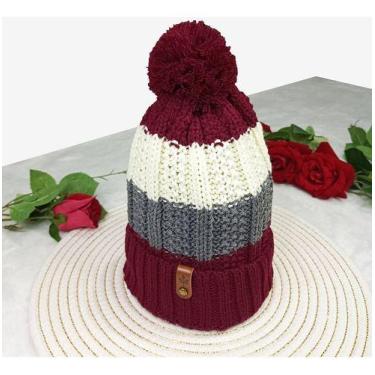 Imagem de Touca Lã Tricô Com Pompom Listrada Macio Quentinho Antialérgica - Supr
