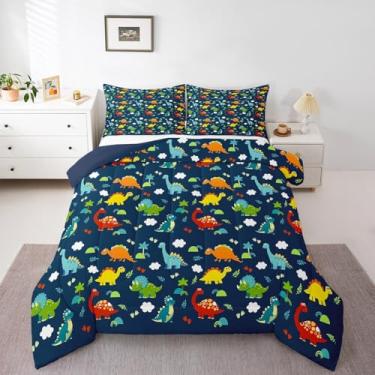 Imagem de Erosebridal Conjunto de edredom de dinossauro, tamanho Queen, desenho animado de dinossauro, para crianças, colorido, animais da selva antigos, edredom com enchimento tropical, azul havaiano,