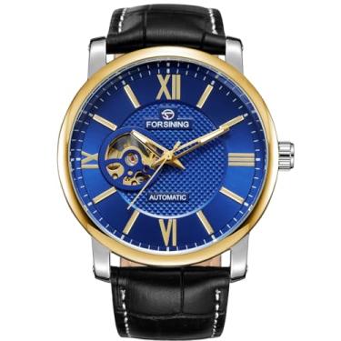 Imagem de FORSINING Relógio de pulso masculino mecânico mecânico com pulseira de couro grande, 1 azul, Clássico
