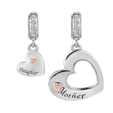 Imagem de MiiFort Par de corações para mãe e filha, pingente de pingente para pulseiras Pandora Momentos Joias de aniversário, presente de amor, conjunto de coração de ouro rosa