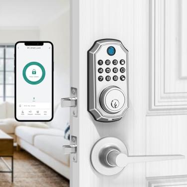 Imagem de LOCK&SOLVER Fechadura de porta de teclado com alça, fechaduras inteligentes para porta da frente, fechadura de entrada sem chave, trava de fechadura com conjunto de alças, controle remoto de