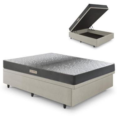 Imagem de Cama Baú Casal 138x188 Courino Linho Areia com Dual Firm Espuma Ecoflex