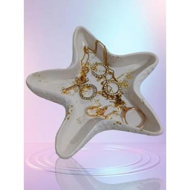 Imagem de Porta-Joias em gesso impermeabilizado Formato Estrela do Mar, Branco com Detalhes Dourados, Decorativo para Acessórios