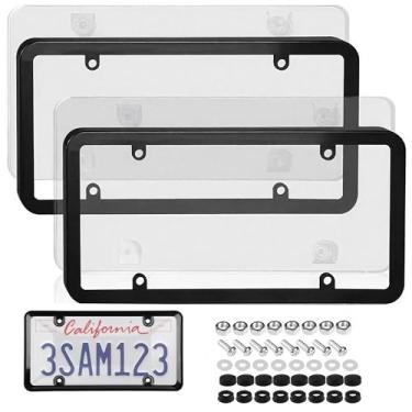 Imagem de Pacote com 2 protetores de moldura de placa, suporte de placa de carro de plástico leve, acabamento à prova de ferrugem com resistência UV para carro dianteiro e traseiro, ajuste universal