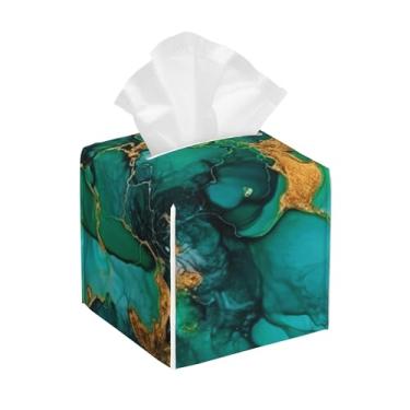 Imagem de Suporte de caixa de lenços de papel de mármore verde em aquarela, capa quadrada de couro com cinto inferior, organizador de guardanapo moderno à prova d'água para mesa de cabeceira de banheiro, mesa
