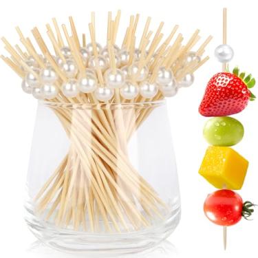 Imagem de 200 palitos de coquetel, palitos extravagantes de pérola branca para aperitivos, bebidas, frutas, comida, espetos de bambu de 12 cm de comprimento, palitos de coquetel de madeira para casamento, chá
