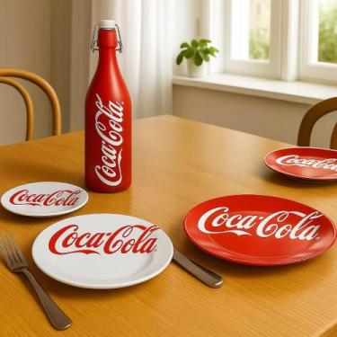 Imagem de Kit Pratos de Plástico e Garrafa de Vidro Coca-Cola 5 Peças - Hauskraf