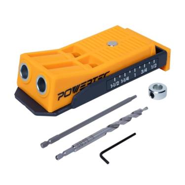 Imagem de POWERTEC Kit de gabarito de orifício de bolso duplo para marcenaria - gabarito de parafuso com furo de bolso com broca, broca de chave, chave hexagonal e colar de parada (72248)