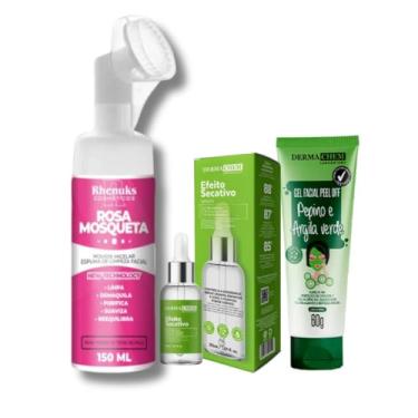 Imagem de Kit Skincare Mousse Micelar Rosa Mosqueta Limpeza Facial Suaviza a pele + Sérum secativo Anti acne + Gel Peel Off Mascara verde