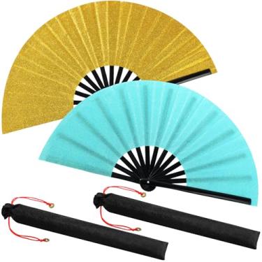 Imagem de Maitys 2 pacotes de leques grandes de palmas para dança em linha, grandes ventiladores chineses dobráveis para homens e mulheres, festivais, tai ji, kungfu, artes marciais, presentes (verde brilhante