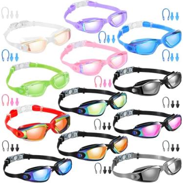 Imagem de Flutesan Pacote com 12 óculos de natação para crianças adultas com 12 protetores de ouvido com clipe de nariz sem vazamento, proteção total (cor brilhante)