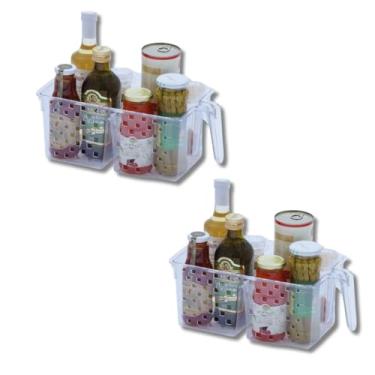 Imagem de Cesto organizador em Acrílico Com Alça para Geladeira Dispensa Banheiro Armário cozinha 34cmx19cm Kit com 2 Peças