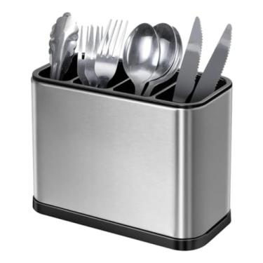 Imagem de Escorredor Porta Talheres em Aço Inox 18x13cm com 4 Divisórias – Organizador de Utensílios Compacto com Sistema de Drenagem, Resistente, Antiferrugem e Design Premium para Cozinha