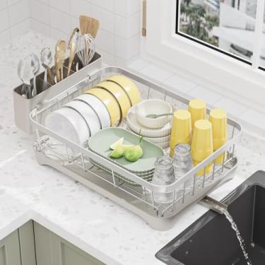 Imagem de LIYI Escorredor de pratos de cozinha, escorredor de aço inoxidável 304, com placa de drenagem, rack de drenagem de talheres de grande capacidade, branco