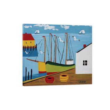 Imagem de Maud Lewis Impressão de arte de parede em tela - Imagem de arte em tela com moldura de madeira - barcos e barris - Pôster de reprodução de pintura de paisagem para casa 60 x 66 cm 24 x 26 polegadas