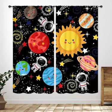 Imagem de Cortinas de espaço sideral para quarto de meninos, lindo astronauta galáxia espaço sideral sala de jogos Spaceman Planet desenho animado crianças quarto sala de estar berçário janela tratamentos