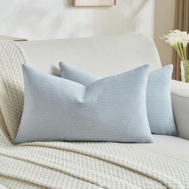 Imagem de FUTEI Conjunto de 2 capas de almofada decorativas azuis claras 30,5 x 50,8 cm, estampa listrada de orelha de trigo macia, decoração de casa moderna para sofá-cama sala de estar