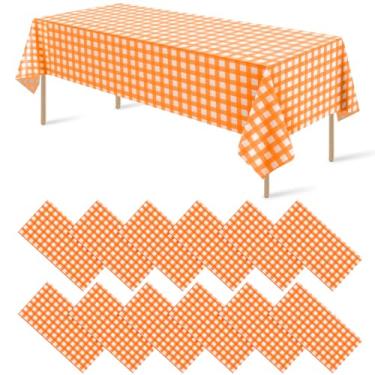Imagem de Pacote com 12 toalhas de mesa xadrez de plástico laranja, decorativas premium, descartáveis, para festas, capa de mesa retangular para festa no outono, Dia de Ação de Graças, piquenique, aniversário