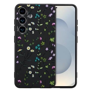 Imagem de RALEAVO Capa para Samsung Galaxy S24, linda capa floral com estampa de ramo de flor, capa de telefone de silicone líquido para meninas e mulheres, capa protetora de borracha macia para S24, preta