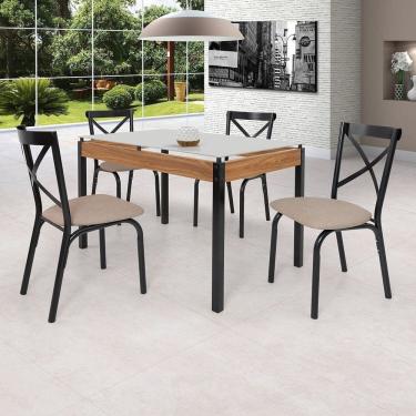 Imagem de Conjunto Sala de Jantar Mesa 120cm X 77cm Tampo Vidro com 4 Cadeiras Karina Preto Fosco / Bege