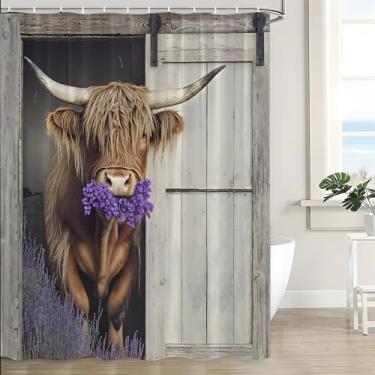 Imagem de JWJAMM Cortina de chuveiro de vaca Farmhouse Highland rústica vida selvagem ocidental roxa floral lavanda madeira celeiro porta bezerro país fazenda animal touro gado cortinas com gancho, 187 x 178 cm