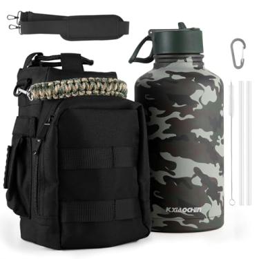 Imagem de KXIAOCHEN Garrafa de água de 1,8 l com manga, garrafa de água de aço inoxidável com bolsa de transporte, 2 tampas (canudo e tampa), garrafas de água de metal de boca larga mantêm quentes e frias