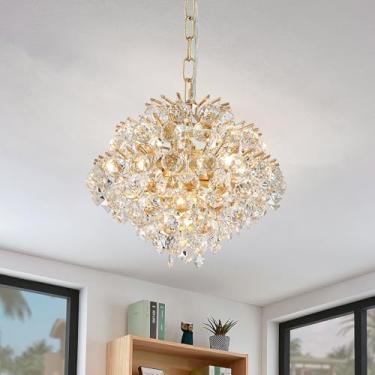 Imagem de Bestier Lustre pendente moderno dourado cristal gota de chuva iluminação luminária de teto para sala de jantar banheiro quarto sala de estar 4 lâmpadas G9 necessárias D11 pol x A12 polegadas