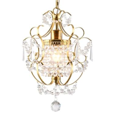 Imagem de FLSFU Mini lustre dourado moderno, luminárias de cristal, montagem no teto, 1 luz pequenos lustres de cristal para quarto, elegante iluminação pendente de cristal para quarto de meninas, sala de