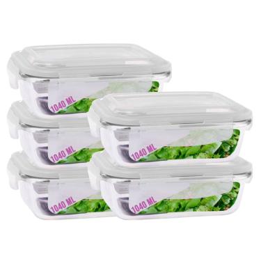 Imagem de Jogo 5 Potes Vidro Retangular Marmitas Tampa 4 Travas 1040ml