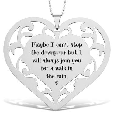 Imagem de Ornamento de coração de aço inoxidável com citação gravada Maybe I Can't Stop The Downpour but I Will Always Join You - Decoração de pendurar inspiradora para mesa, casa e presente de apoio - FGC451