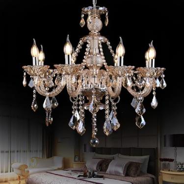 Imagem de Afficat Lustre de cristal contemporâneo de 8 luzes para sala de jantar, lustres de vela de cristal conhaque K9 iluminação de teto de cristal luminárias para quarto cozinha lobby escada (8 luzes)