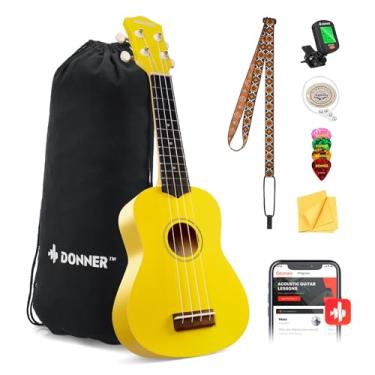 Imagem de Donner Ukulele Soprano para iniciantes kit de ukulele fosco de 53 cm com alça de saco para afinador de cordas pano palhetas, aulas online gratuitas, presente de Natal e aniversário (amarelo)