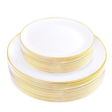 Imagem de Pratos de plástico KIRE Gold Rim 60PCS (30x26cm + 30x19cm) brancos