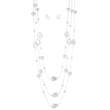 Imagem de Conjunto de colar e brinco de pérolas longas em camadas com contas de pérolas para mulheres, conjuntos de bijuterias brancas presentes para mãe, Pérola sintética, Sem Pedra Preciosa