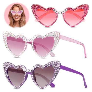 Imagem de 3 peças de óculos de sol em forma de coração para melhores amigas com strass, óculos de sol de plástico olho de gato, presentes de amizade para mulheres e meninas, festa de aniversário