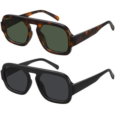 Imagem de WOWSUN Óculos de sol retrô aviador feminino 70s quadrados modernos óculos de sol, Pacote com 2: armação preta lente cinza + armação tartaruga lente verde acinzentada, M