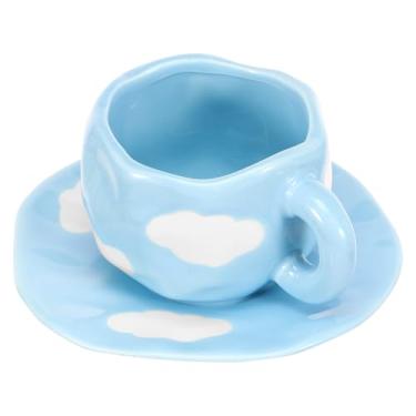 Imagem de kaimenhong Caneca de café de cerâmica com conjunto de pires, copo de arte com leite irregular, caneca de chá de cerâmica de 300 ml, xícara de café de chá de porcelana estética vintage com alça, xícara