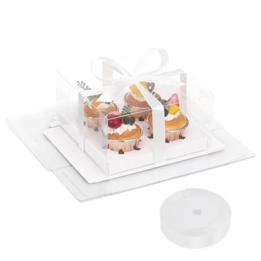 Imagem de EUSOAR Caixas de cupcake 4 unidades, 6 pacotes de recipientes brancos para cupcakes de padaria transparentes com fita de presente, suportes retangulares para muffins de sobremesa porta-bolos